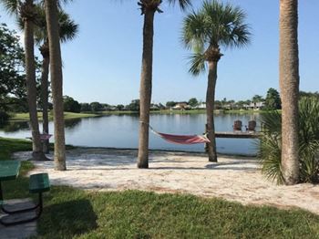 A hammock on the beach in front of a lake